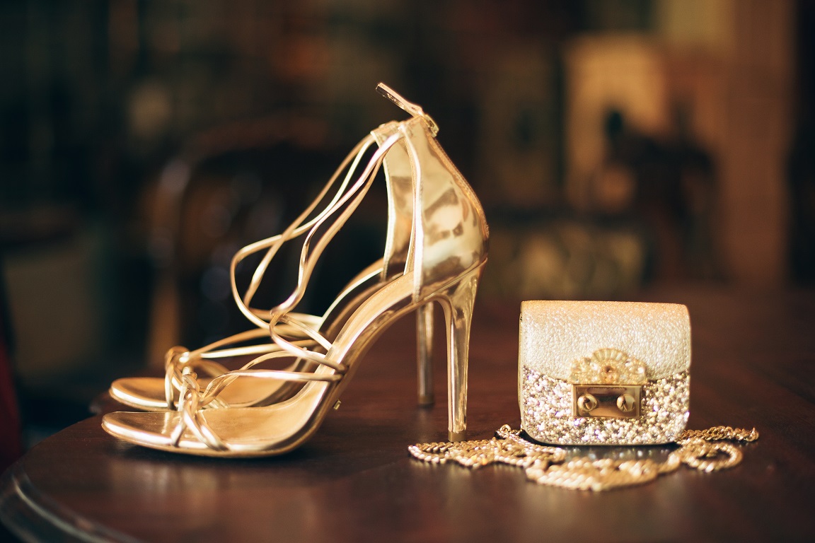 luxury fashion woman accessories, golden heeled shoes, little evening purse, elegant style, vintage style, sandals footwear